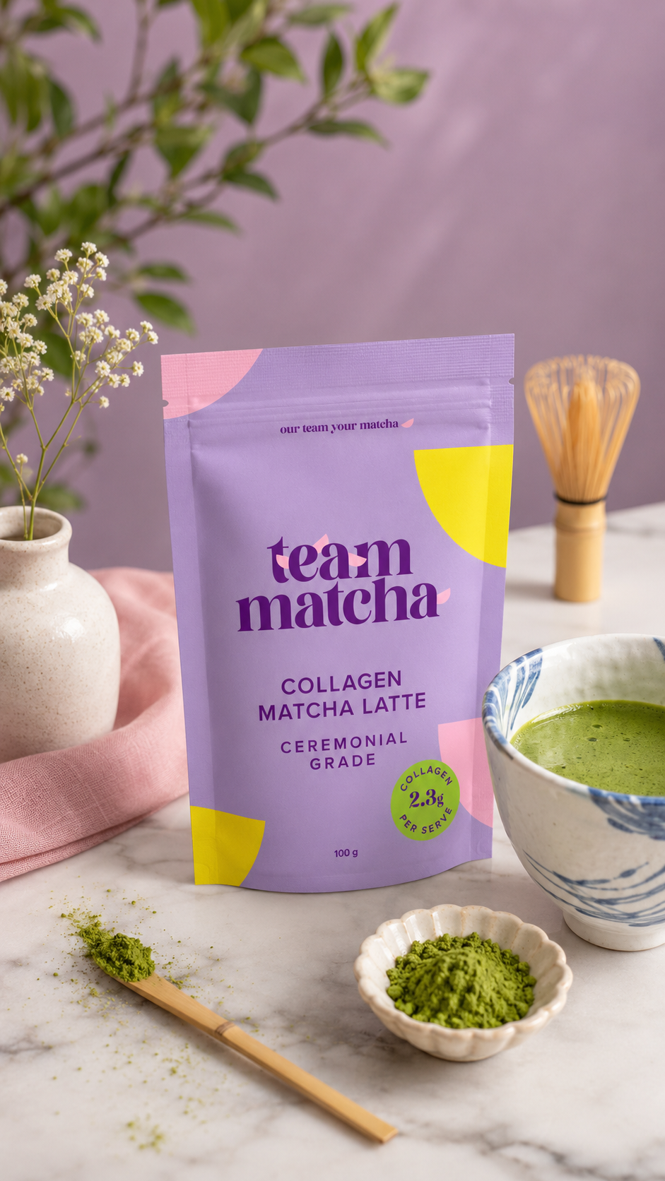 T.E.A.M Collagen Matcha Latte Powder 100g purple pouch