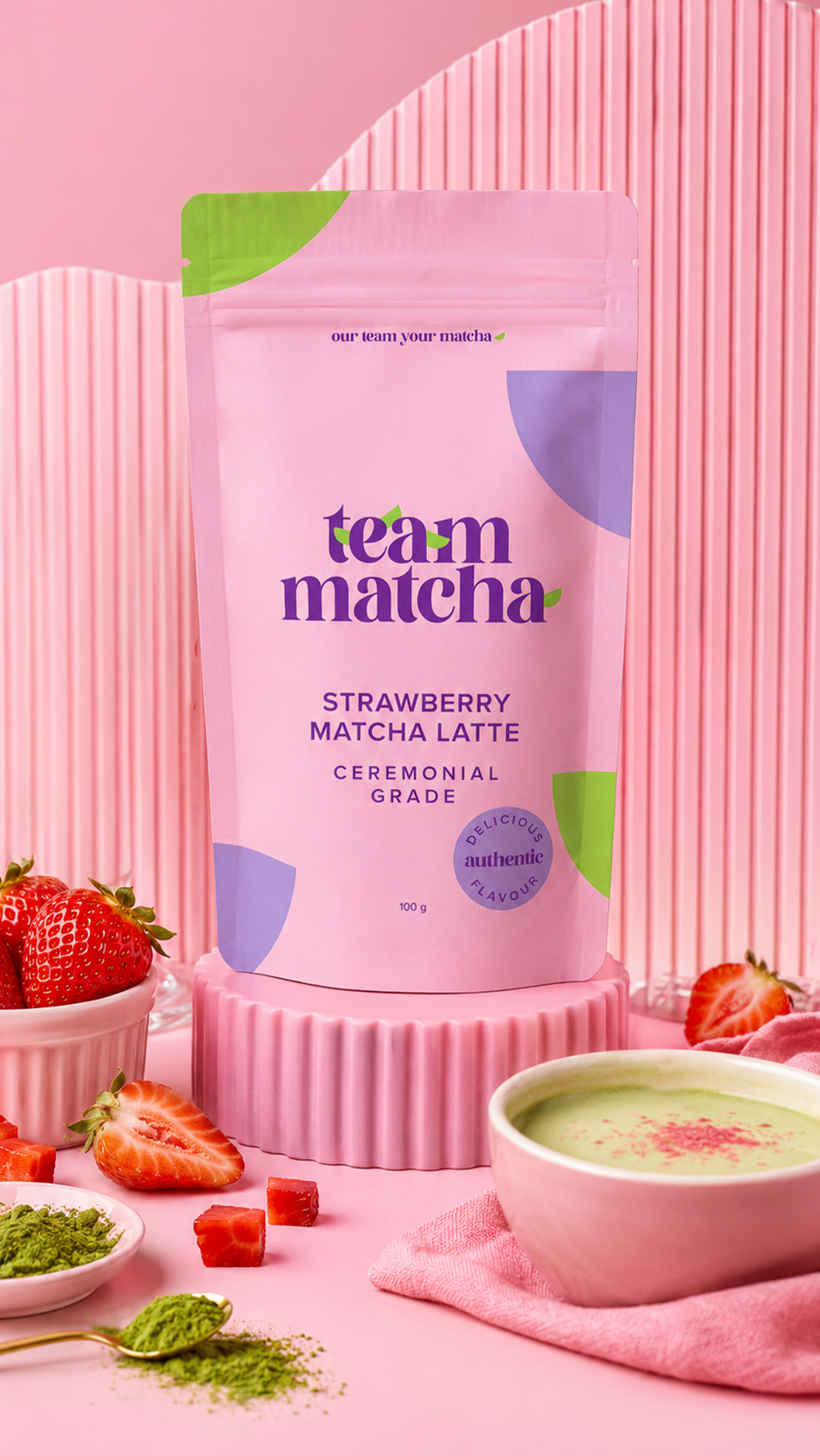 T.E.A.M Strawberry Matcha Latte Powder 100g pink pouch