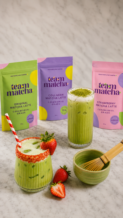T.E.A.M Matcha Latte Trio with Original, Strawberry and Collagen pouches